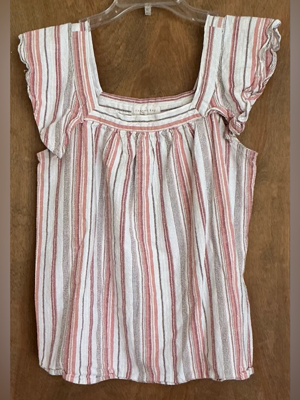 Copper Key Women Multicolored Pullover Striped Top Gathered Square Neckline L
